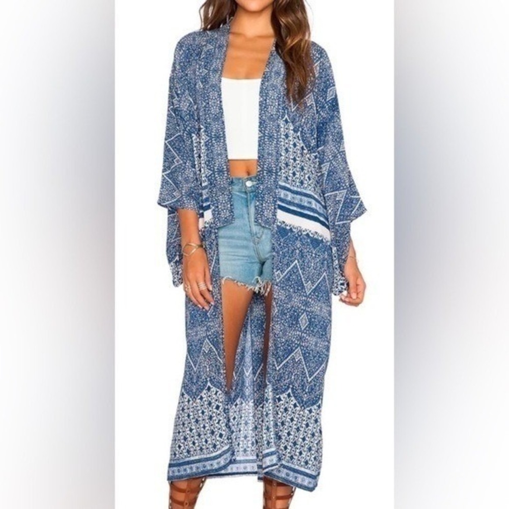 Auguste‎ Long Boho Duster Kimono Coverup Navy White 4 Festival Beach Vacation